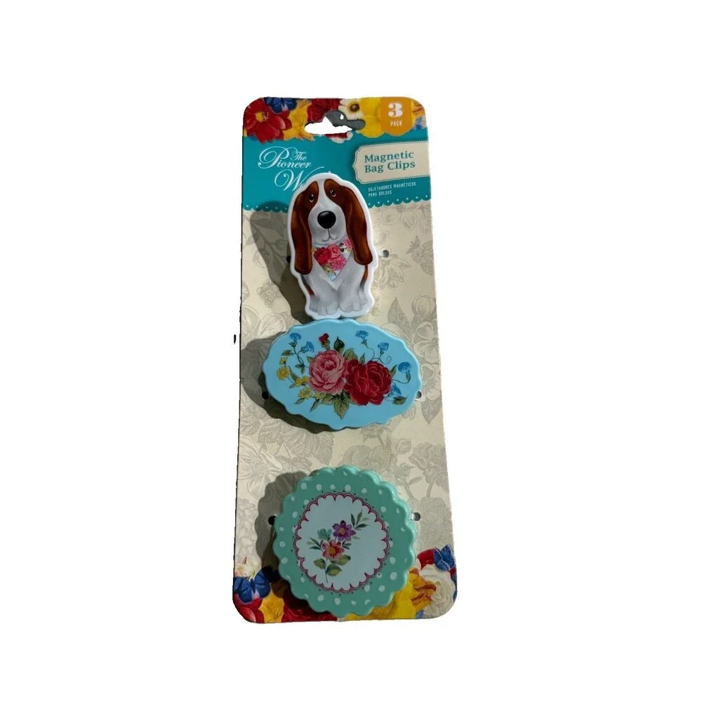 The Pioneer Woman Magnetic Bag Clips Set of 3 NEW Dog & Flowers Design